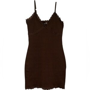 Chocolate Brown Lace Trim Ribbed Dress | medium